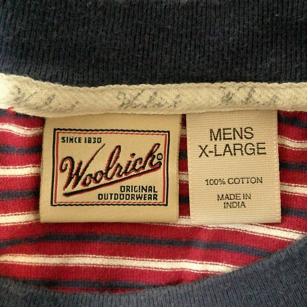 Vintage Woolrich Mens XL Red White Striped Cotton Crew Neck T-Shirt Short Sleeve - Picture 3 of 3
